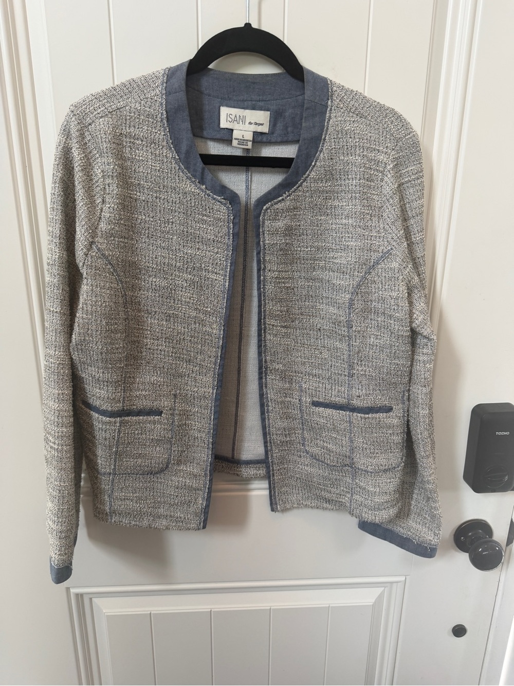 Isaac Mizrahi Textured Gray Tweed Open-Front Blazer with Blue Trim